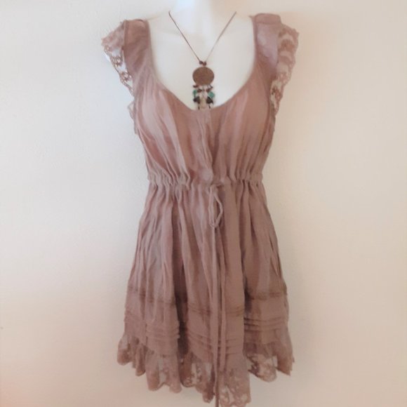 Drawstring waist Lacey Trim Top by "MINE" Sz Med Cottagecore - Picture 1 of 5